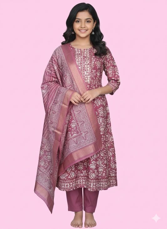 Women kurti with pant and dupatta | Straight cut | Dark onion silk mix set