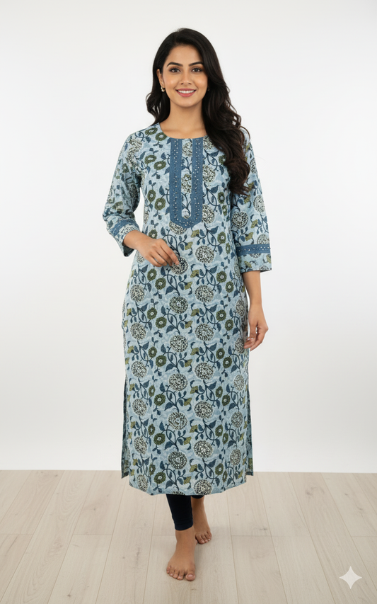Women Kurti | Peacock Blue Floral Kurti | Only Kurti