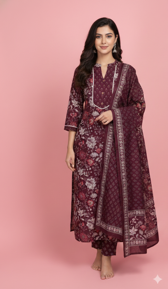 Women kurti with pant and dupatta | Straight cut | Dark wine Chinese collar set