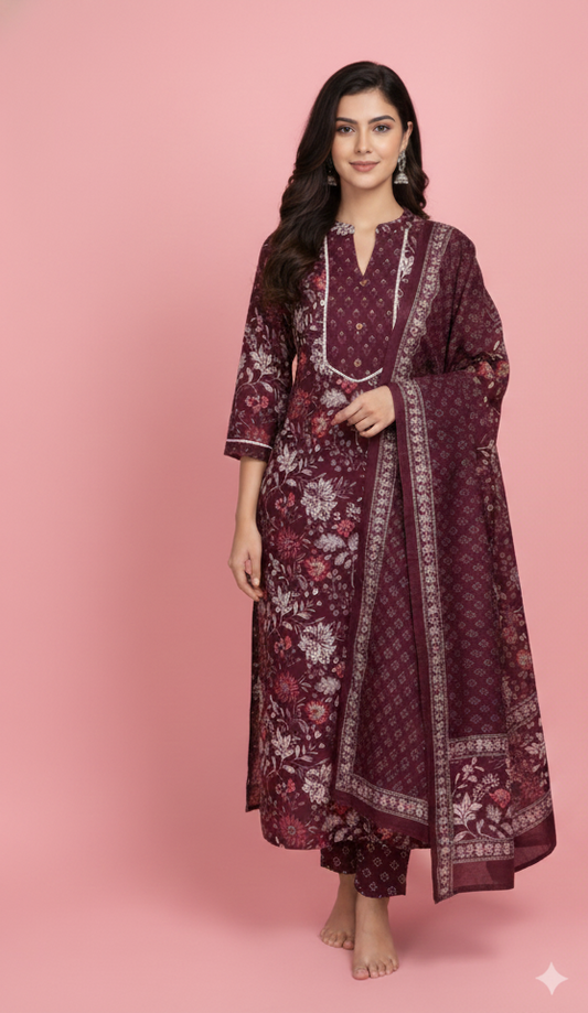 Women kurti with pant and dupatta | Straight cut | Dark wine Chinese collar set