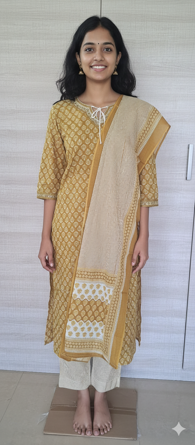 Women kurti with pant and dupatta | Straight cut| Mustard yellow with knots