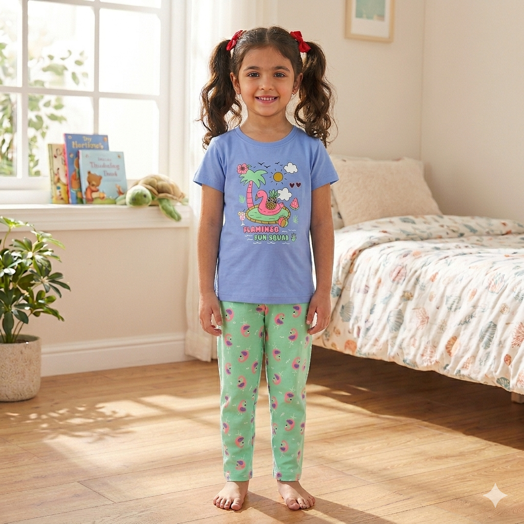 Girls Premium Pant Set | Blue Flamingo