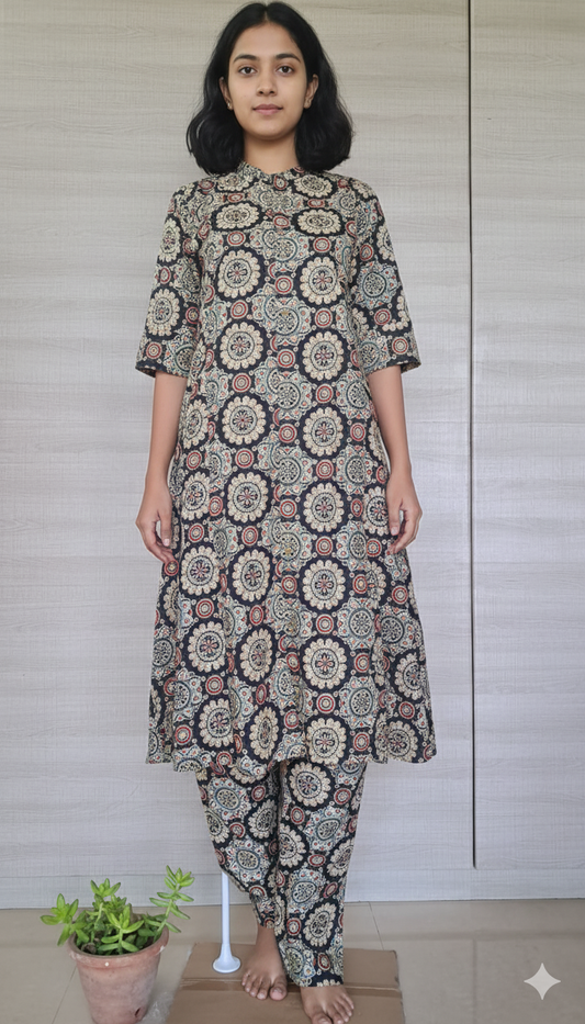Women kurti with pant | A-line cut | Black Ajrakh print