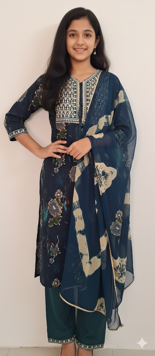 Women kurti with pant and dupatta | Straight cut| Peacock blue rayon set