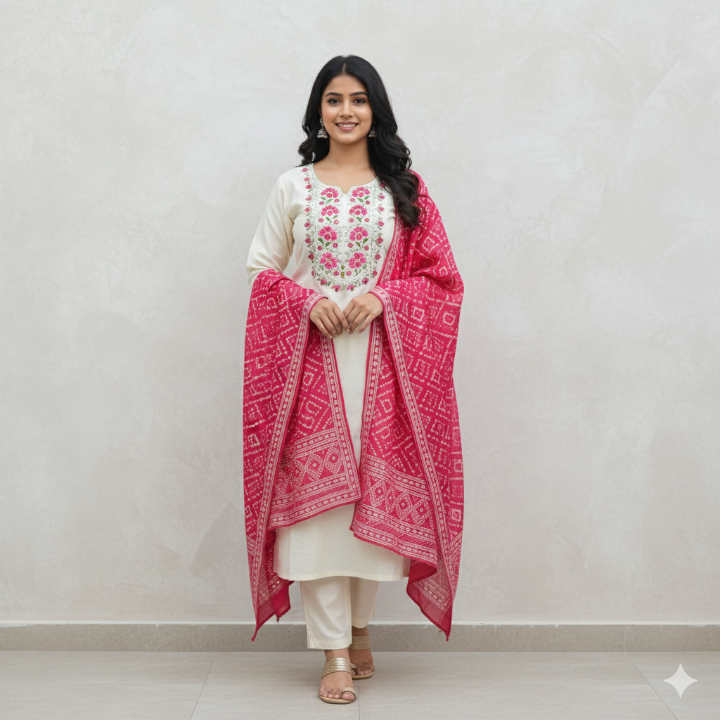 Women kurti with pant and dupatta | Straight cut |Roman silk beige color set  with banarasi dupatta