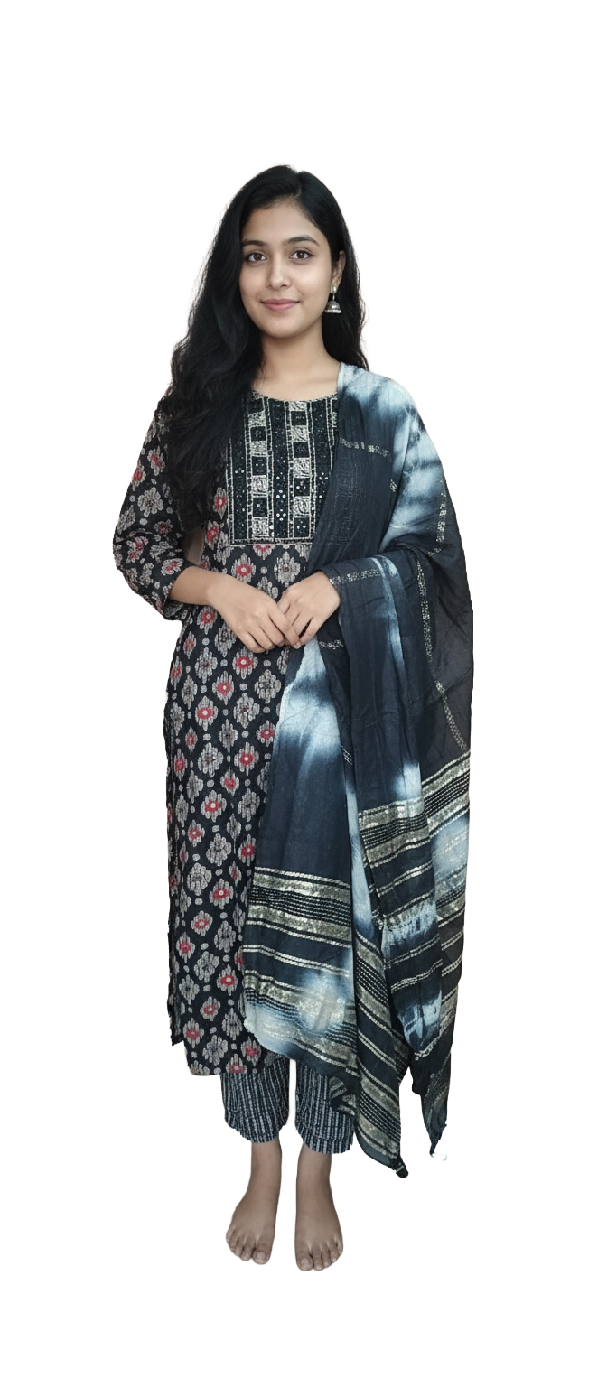 Women kurti with pant and dupatta | Cotton Rayon mixed Black geometrical patterns