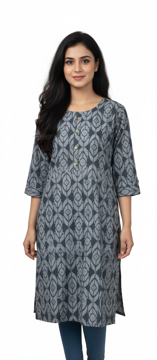 Women Kurti | Straight cut | Grey with Mustard stars | only Kurti