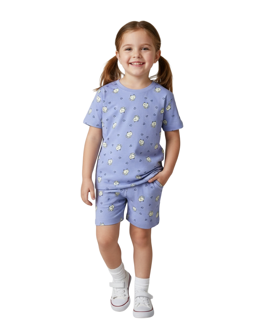 Girls Premium Shorts Set | Kitten with heart print