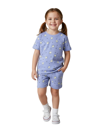 Girls Premium Shorts Set | Kitten with heart print