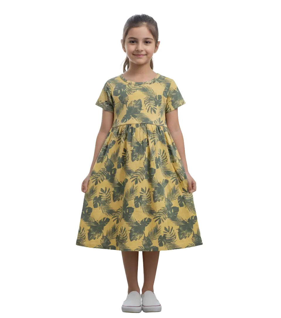Cotton Frocks  | Mustard with green leaf print
