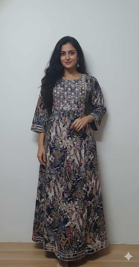 Women Anarkali | Black forest print with leaves