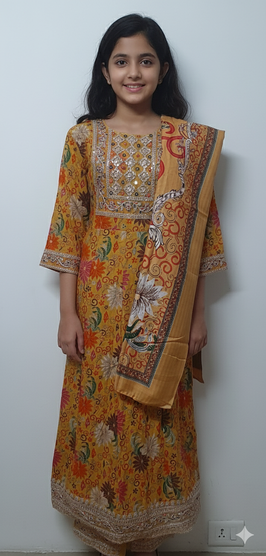 Women kurti with pant and dupatta | Anarkali cut | Mustard with floral prints