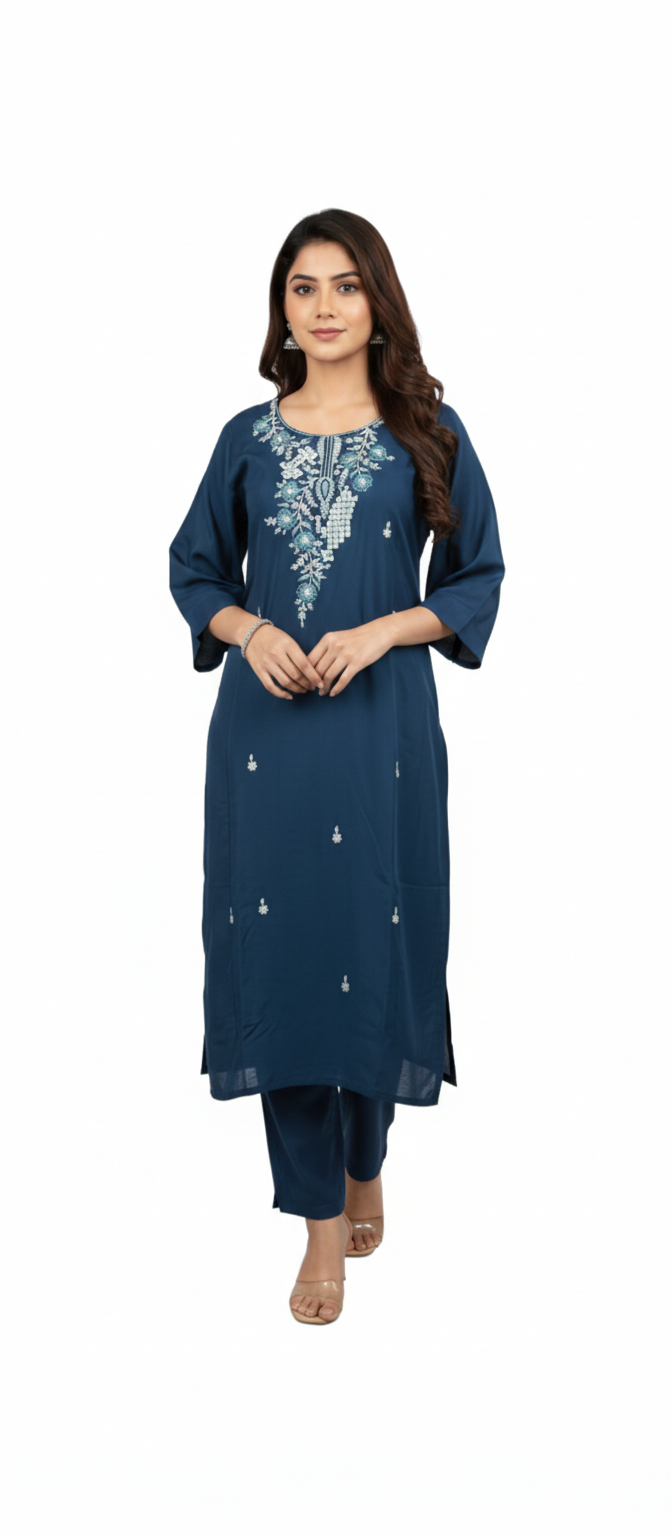 Women kurti with pant | Peacock blue with beautiful thread/zari embroidery in yoke