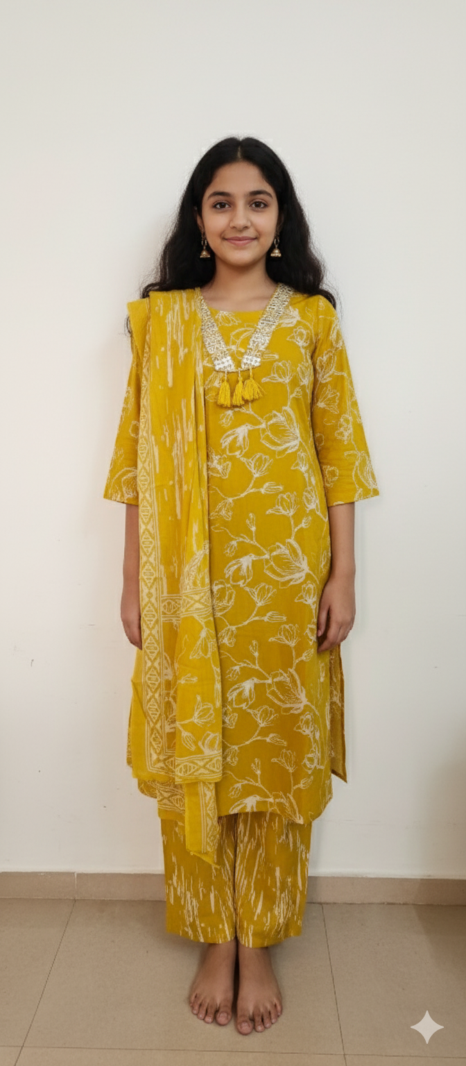 Women kurti with pant and dupatta | Straight cut | Mustard soft mul cotton kurti sets