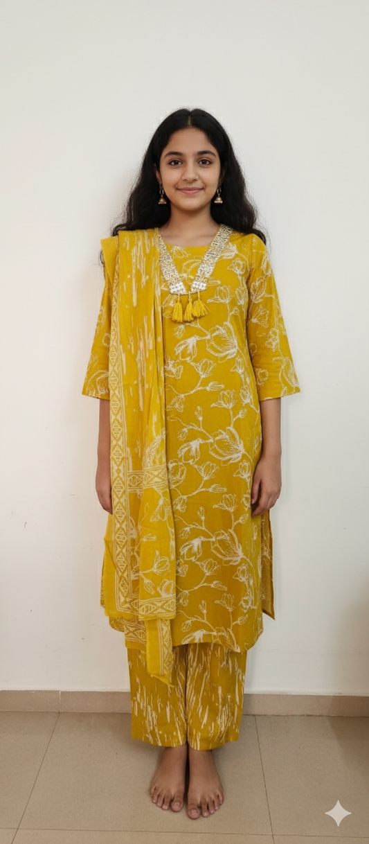 Women kurti with pant and dupatta | Straight cut | Mustard soft mul cotton kurti sets