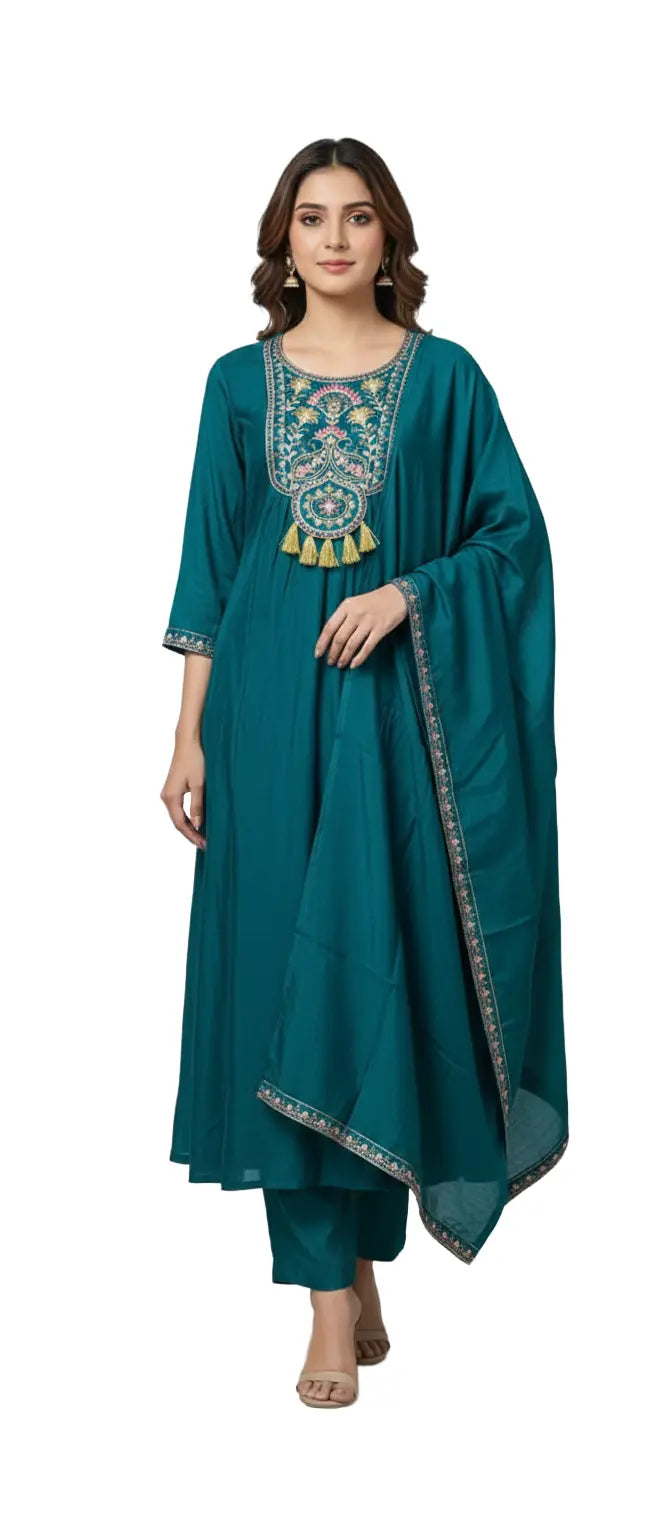 Women kurti with pant and dupatta | Mul Chanderi fabric Peacock green set