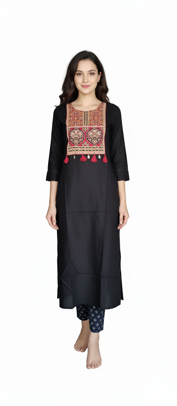 Women Kurti | Black with Kalamkari print in yoke | Only Kurti