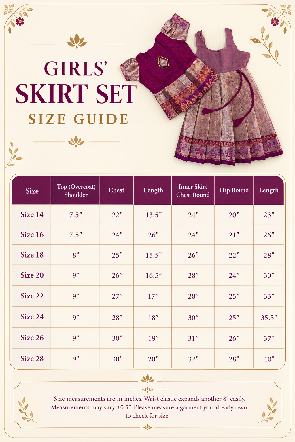Girls Ethnic kanchi silk slub set | Dark Pink with contrasting light shade skirt