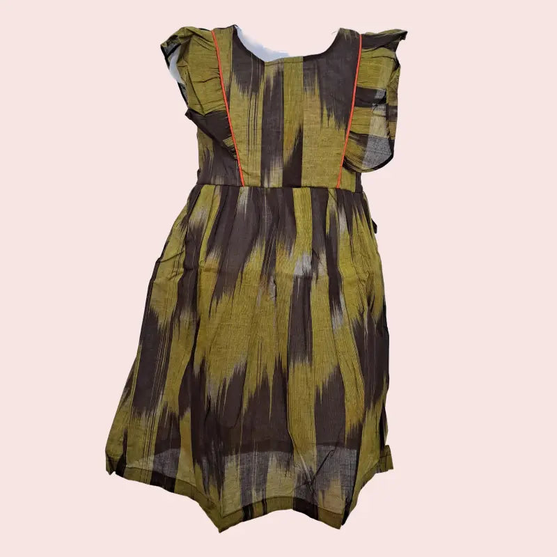 Cotton Ikkat Frocks | Green with brown and orange piping