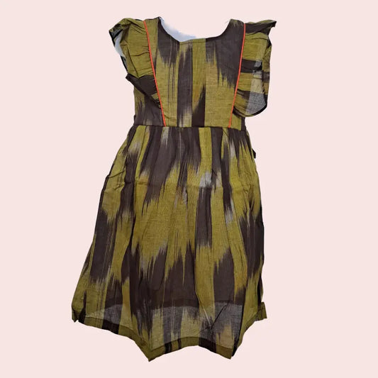 Cotton Ikkat Frocks | Green with brown and orange piping