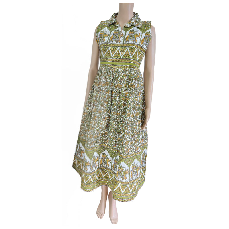 Women sleeveless Frock with full lining (sleeves inside) | Elephant Ajrakh Prints in green and mustard