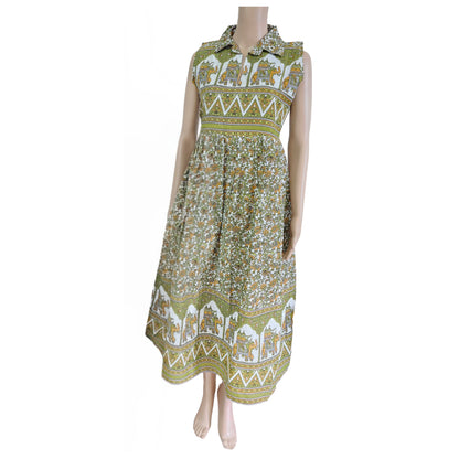 Women sleeveless Frock with full lining (sleeves inside) | Elephant Ajrakh Prints in green and mustard