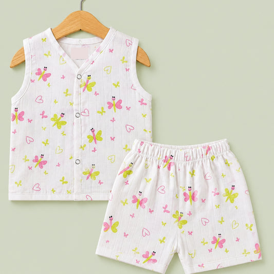 Baby Set - | Muslin Jabla shorts set ( Half sleeve) | Green pink butterfly