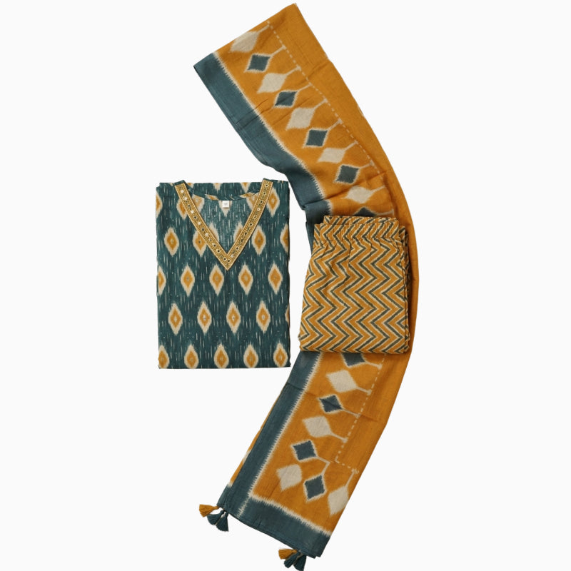 Women kurti with pant and dupatta | Straight cut | Green with mustard