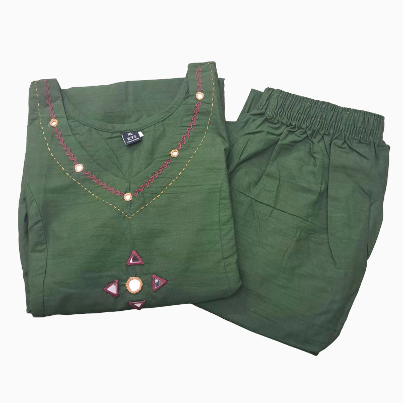 Women kurti with pant | A line cut |Green kurti with mirror work embroidery