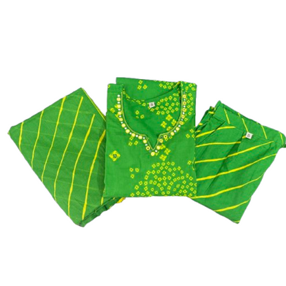 Women kurti with pant and dupatta | Straight cut | Green with yellow Bhandhani type l cottonlove