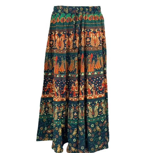 Women elasticated Skirt | Jaipuri Print | Fits up to XL| Green Palanquin