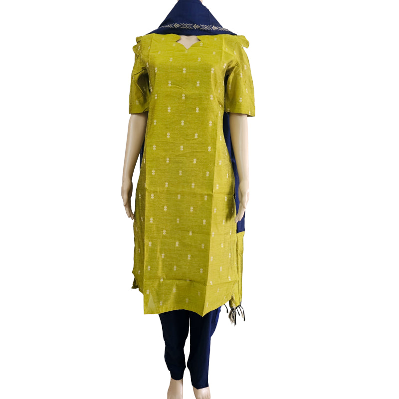 Women kurti with pant and dupatta | Straight cut green with navy blue (Neck pattern 2) l silkcotton