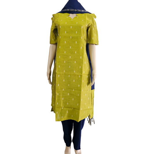 Women kurti with pant and dupatta | Straight cut green with navy blue (Neck pattern 2) l silkcotton
