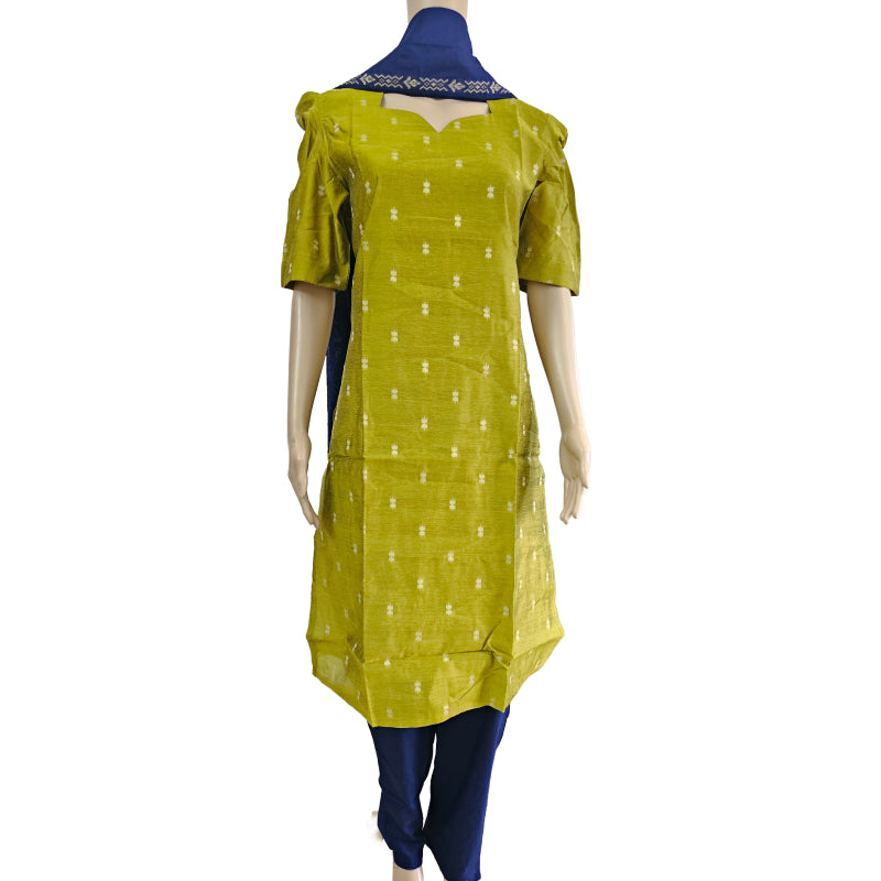Women kurti with pant and dupatta | Straight cut green with navy blue (Neck pattern 1) l silkcotton