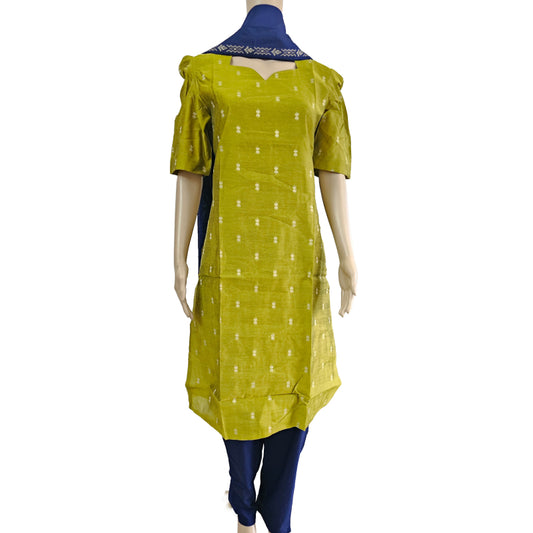 Women kurti with pant and dupatta | Straight cut green with navy blue (Neck pattern 1) l silkcotton