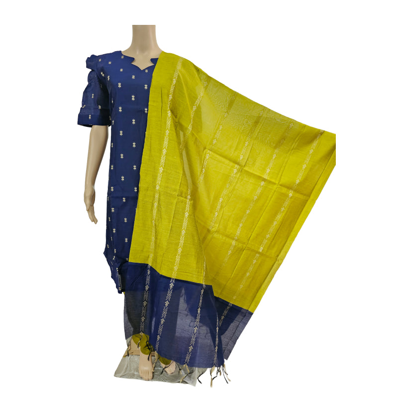 Women kurti with pant and dupatta | Straight cut Navy blue with green (Neck pattern 3) l silkcotton