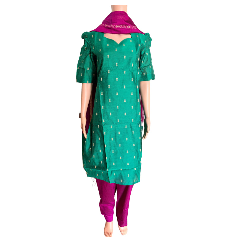 Women kurti with pant and dupatta | Straight cut Green with Majenta(Neck pattern 3) l silkcotton