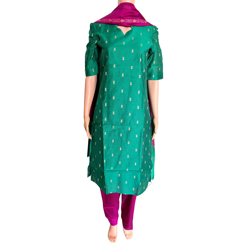 Women kurti with pant and dupatta | Straight cut Green with Majenta(Neck pattern 4) l silkcotton