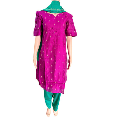 Women kurti with pant and dupatta | Straight cut Majenta with green (Neck pattern 2) l silkcotton