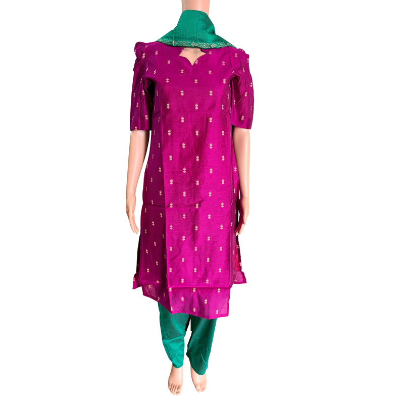 Women kurti with pant and dupatta | Straight cut Majenta with green (Neck pattern 1) l silkcotton