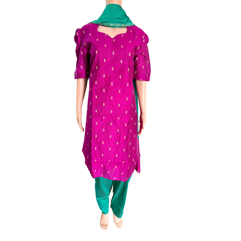 Women kurti with pant and dupatta | Straight cut Majenta with green (Neck pattern 3) l silkcotton
