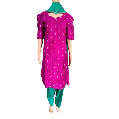 Women kurti with pant and dupatta | Straight cut Majenta with green (Neck pattern 3) l silkcotton