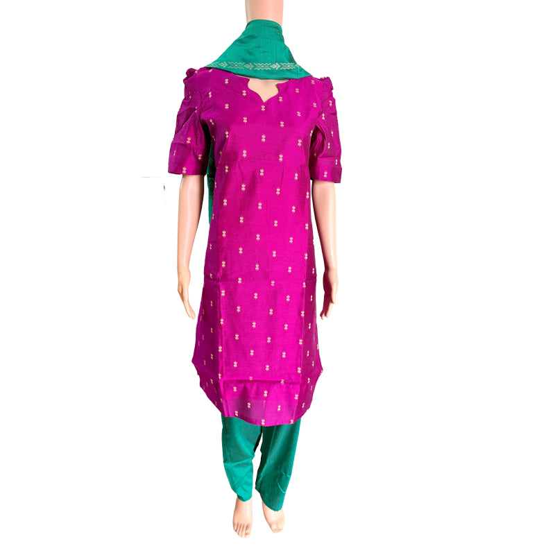 Women kurti with pant and dupatta | Straight cut Majenta with green (Neck pattern 4) l silkcotton (Copy)