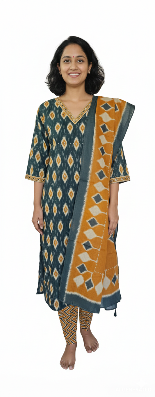 Women kurti with pant and dupatta | Straight cut | Green with mustard