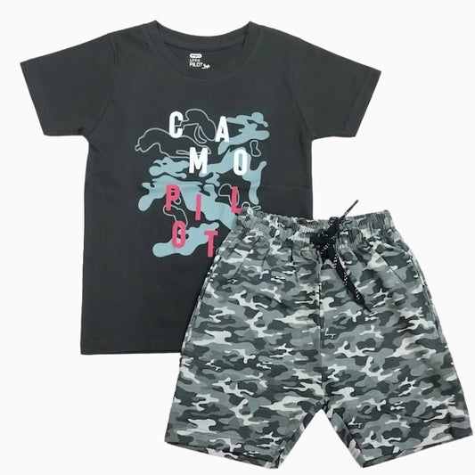 T-shirt with Shorts sets| BSET | Greyish green army print