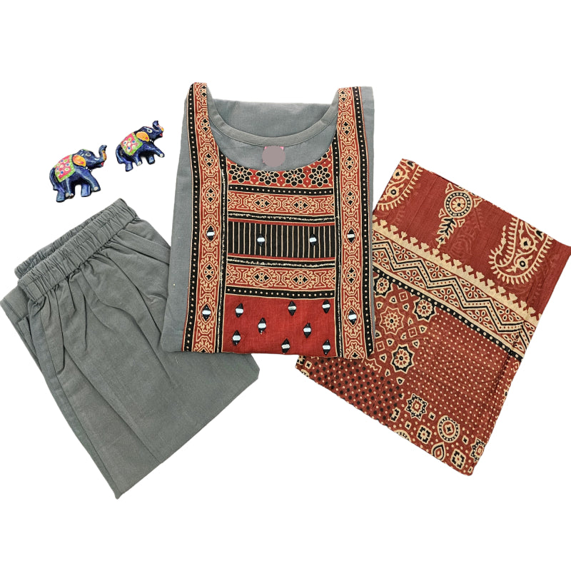 Women kurti with pant and dupatta |Grey Ajrakh sets | Dabuset