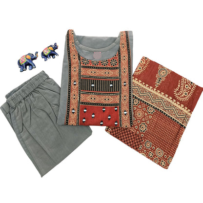 Women kurti with pant and dupatta |Grey Ajrakh sets | Dabuset