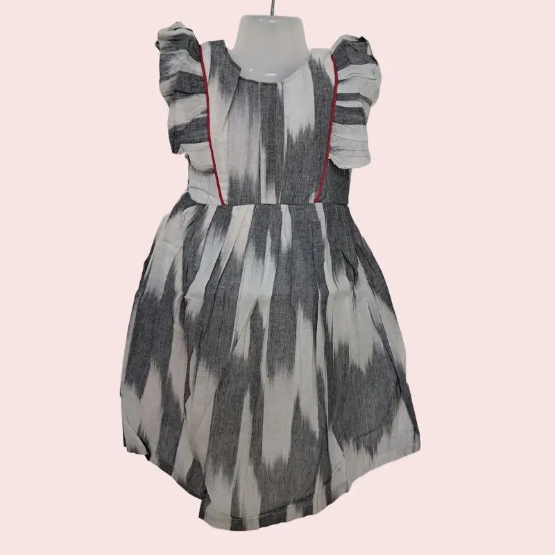 Cotton Ikkat Frocks | Half white with grey and maroon piping