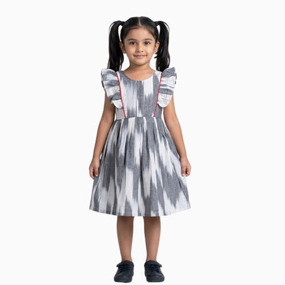 Cotton Ikkat Frocks | Half white with grey and maroon piping