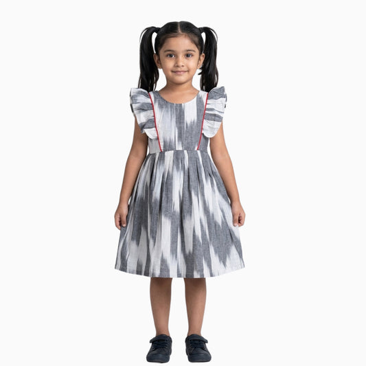 Cotton Ikkat Frocks | Half white with grey and maroon piping